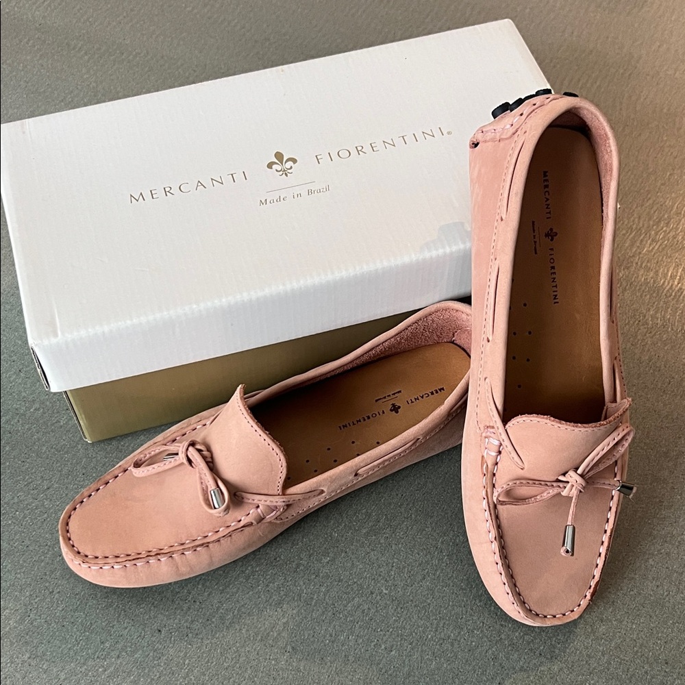 Mercanti Fiorentini Blush Pink Suede Moccasins with Bow-Tie Accent